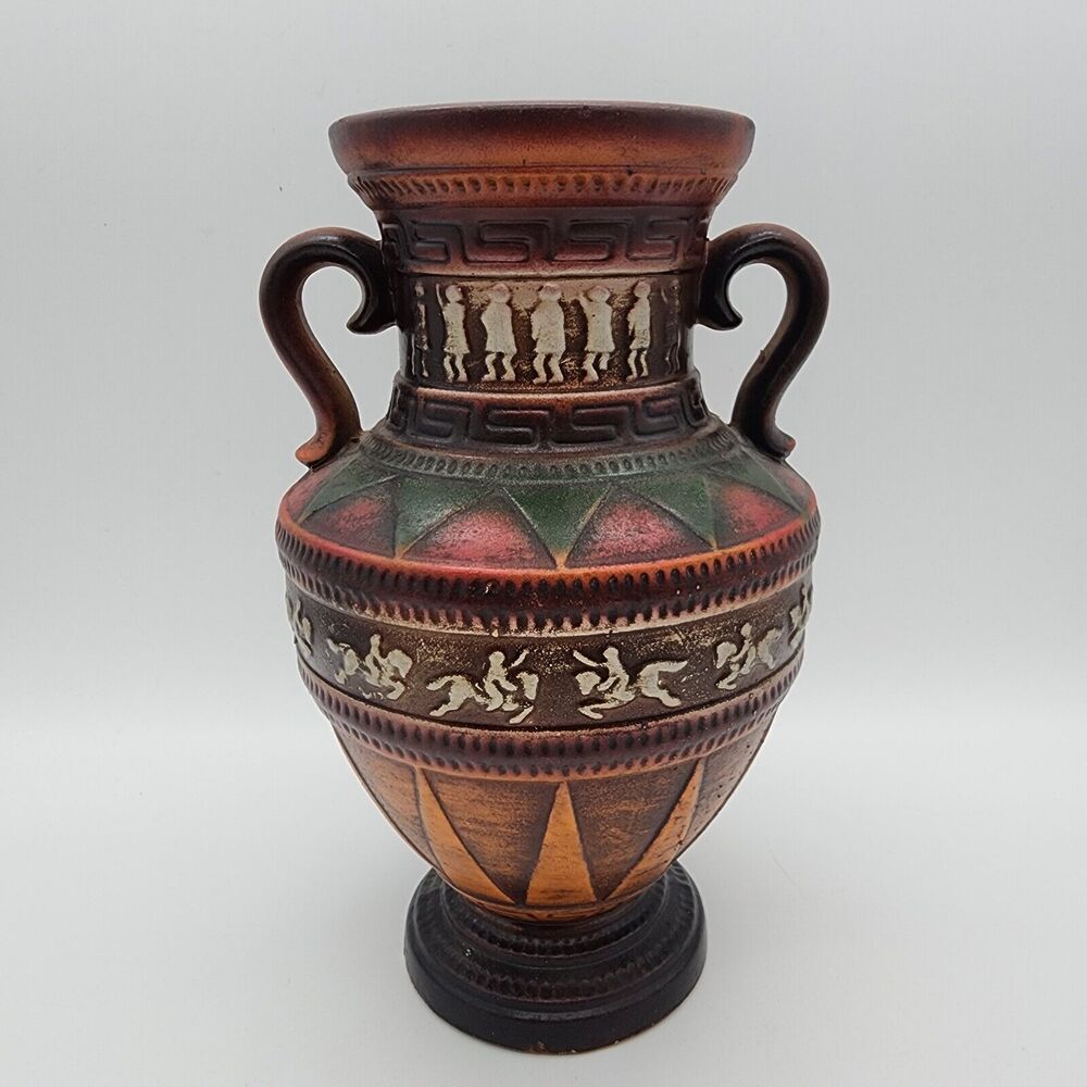 Norleans Dancing Horses Vase 10" Double Handle Rustic Aztec Egyptian Japan Vtg